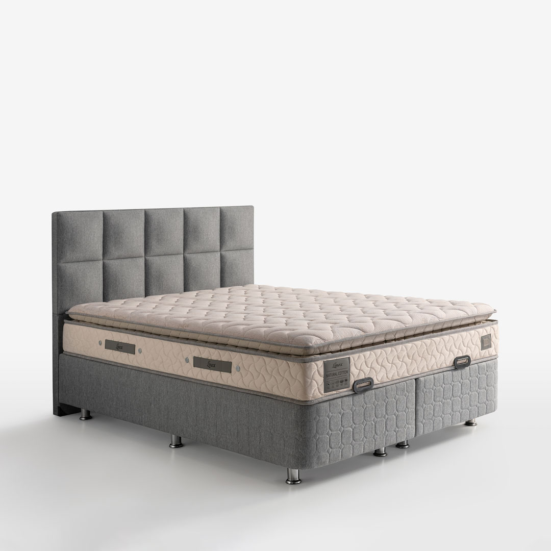 Nova Yatak Baza Başlık Seti Çift Kişilik (Keten Kumaş & Natural Cotton Pedli Yatak)